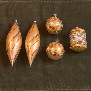 5 Vintage Hand Decorated Gold & Silver Glass Christmas Ornaments - West Germany